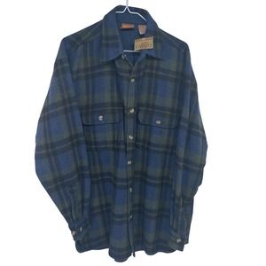 New FARGO Plaid Shacket Shirt Jacket Medium Blue Green Wool Blend Flannel‎